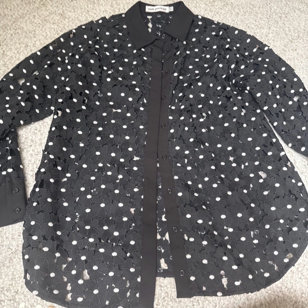 Self-Portrait Black and White Lace Jacket Laser Cut BlouseFlowers UK 14 US10 Top
